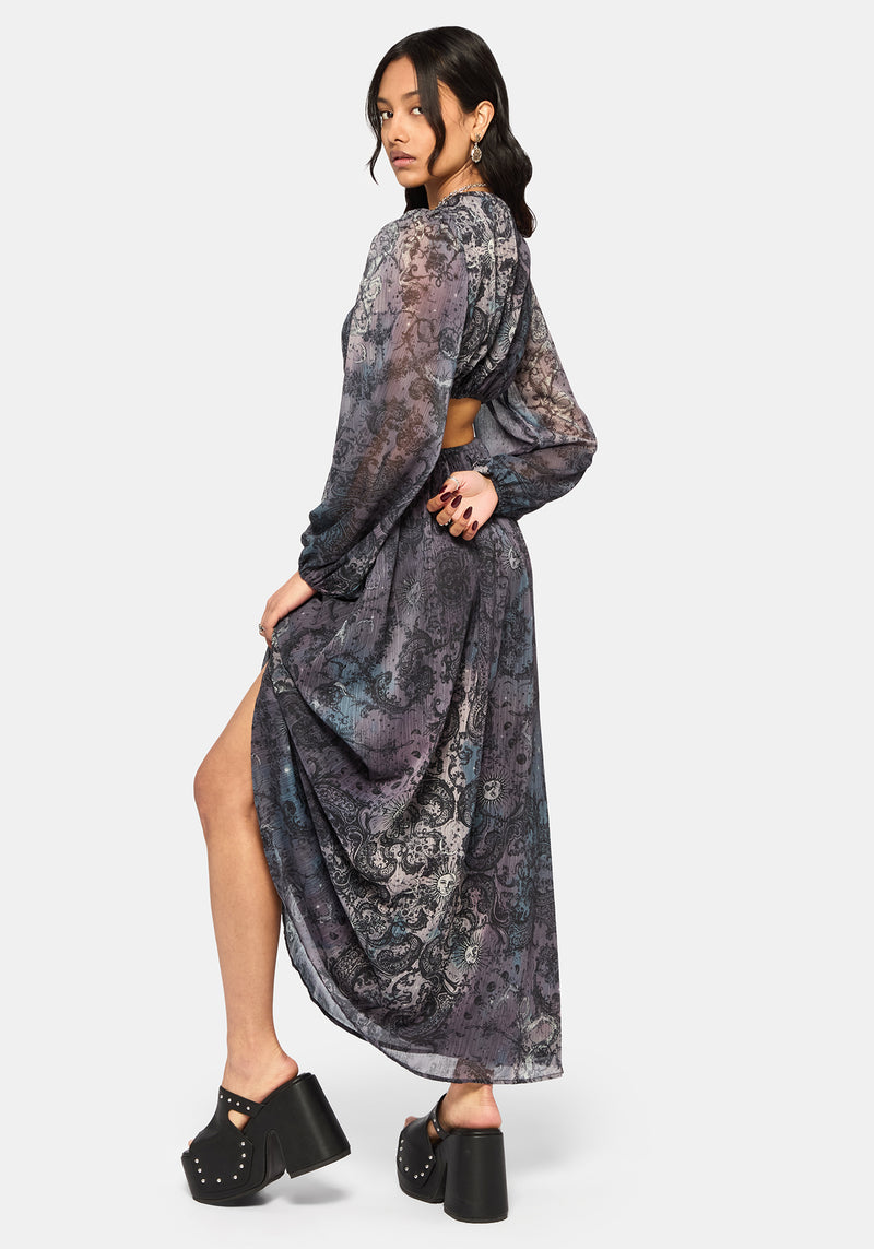 celestial nights maxi dress Gaia Celestial Print Chiffon Maxi Dress – Disturbia