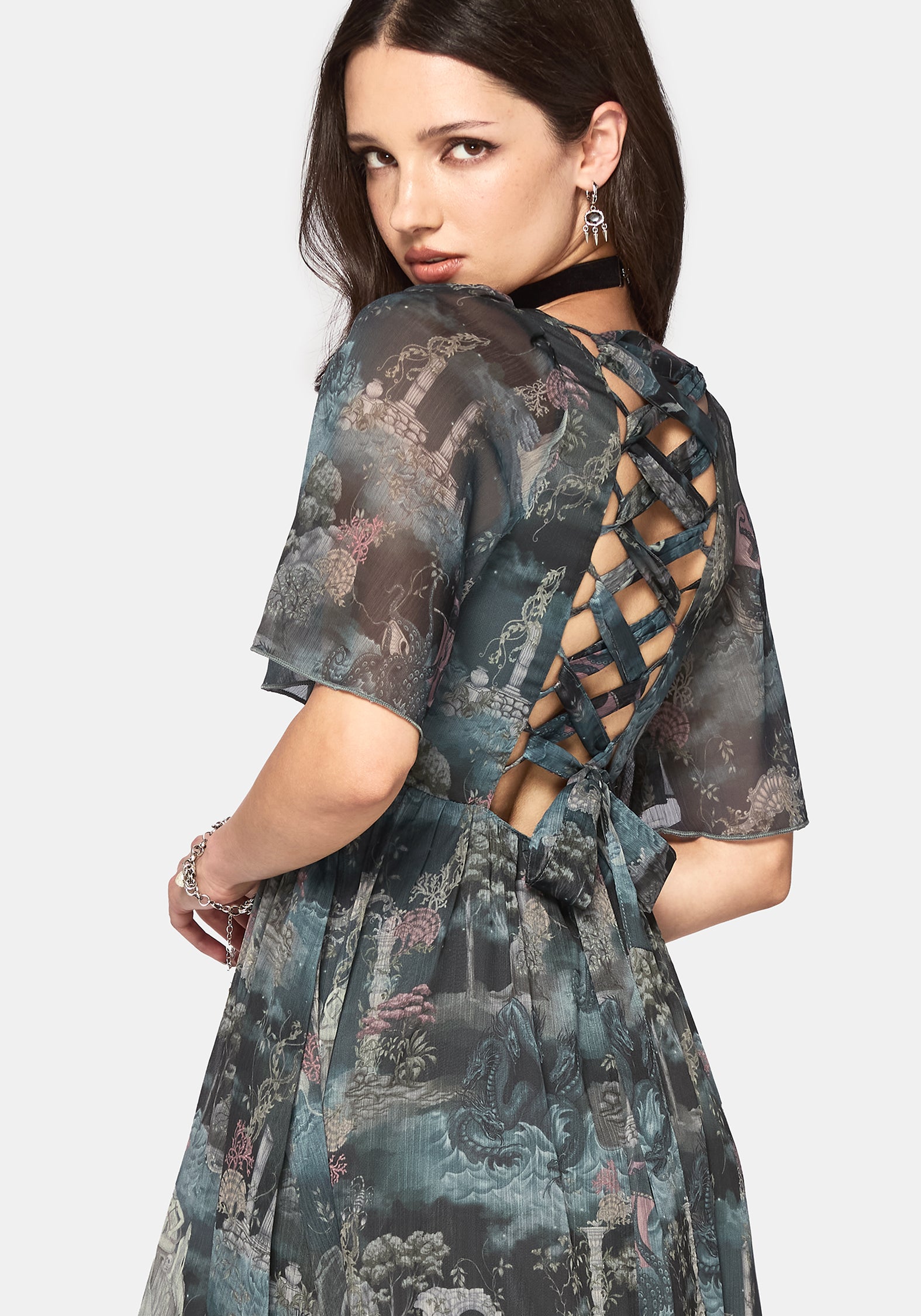 Thalassa Print Lace Up Midaxi Dress