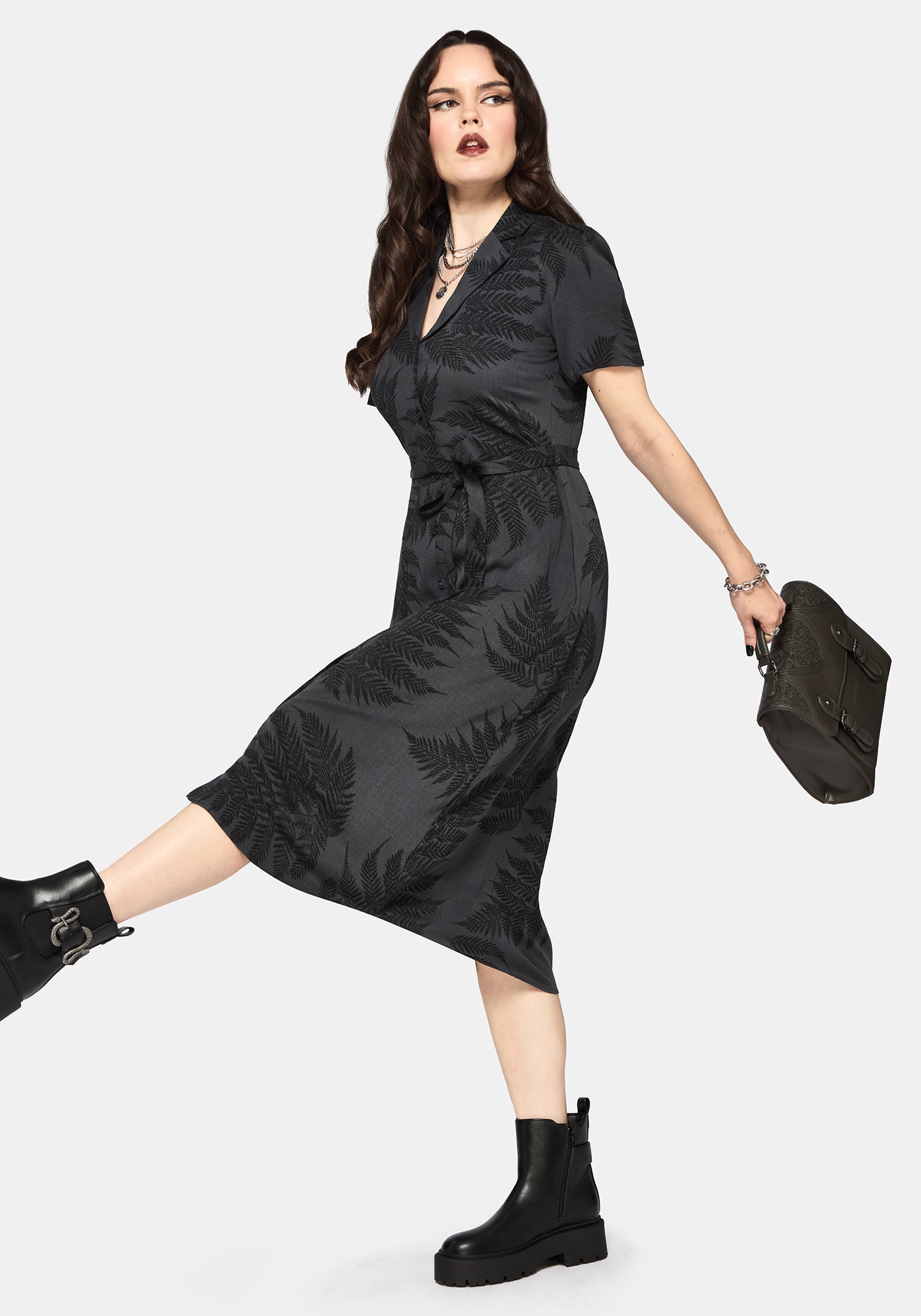 Ruin Fern Printed Button Up Midi Shirt Dress - Grey
