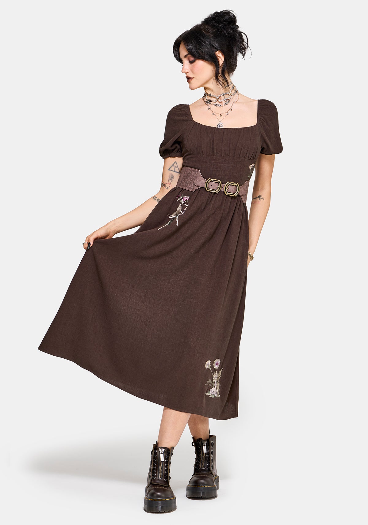 Faela Fairy Embroidered Milkmaid Ruched Midi Dress UK 6