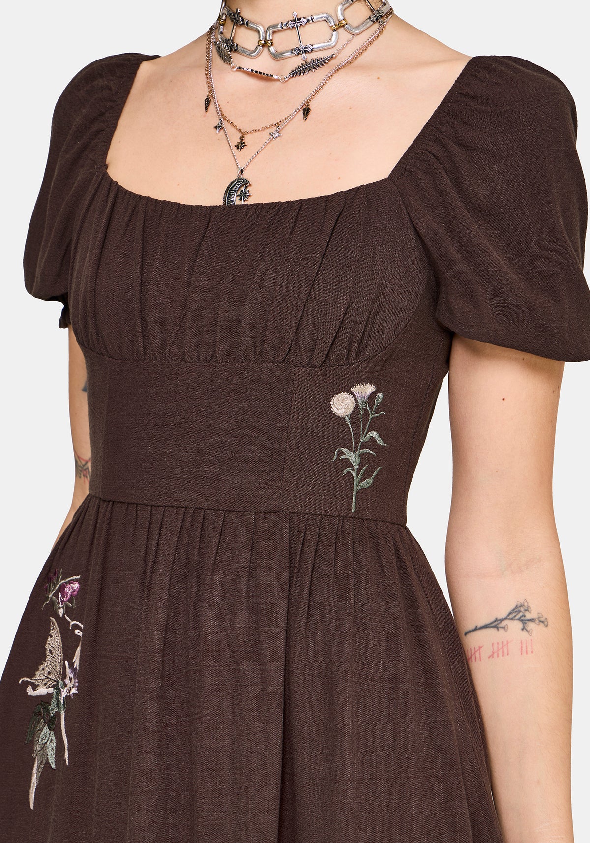 Faela Fairy Embroidered Milkmaid Ruched Midi Dress UK 6