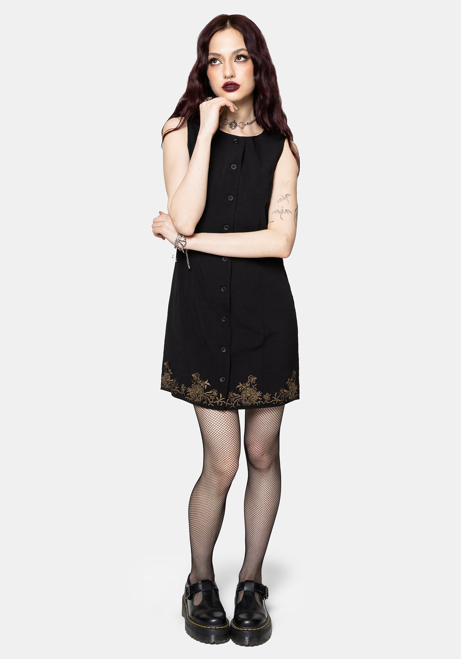 Ismay Vine Embroidered Hem Button Up Mini Dress