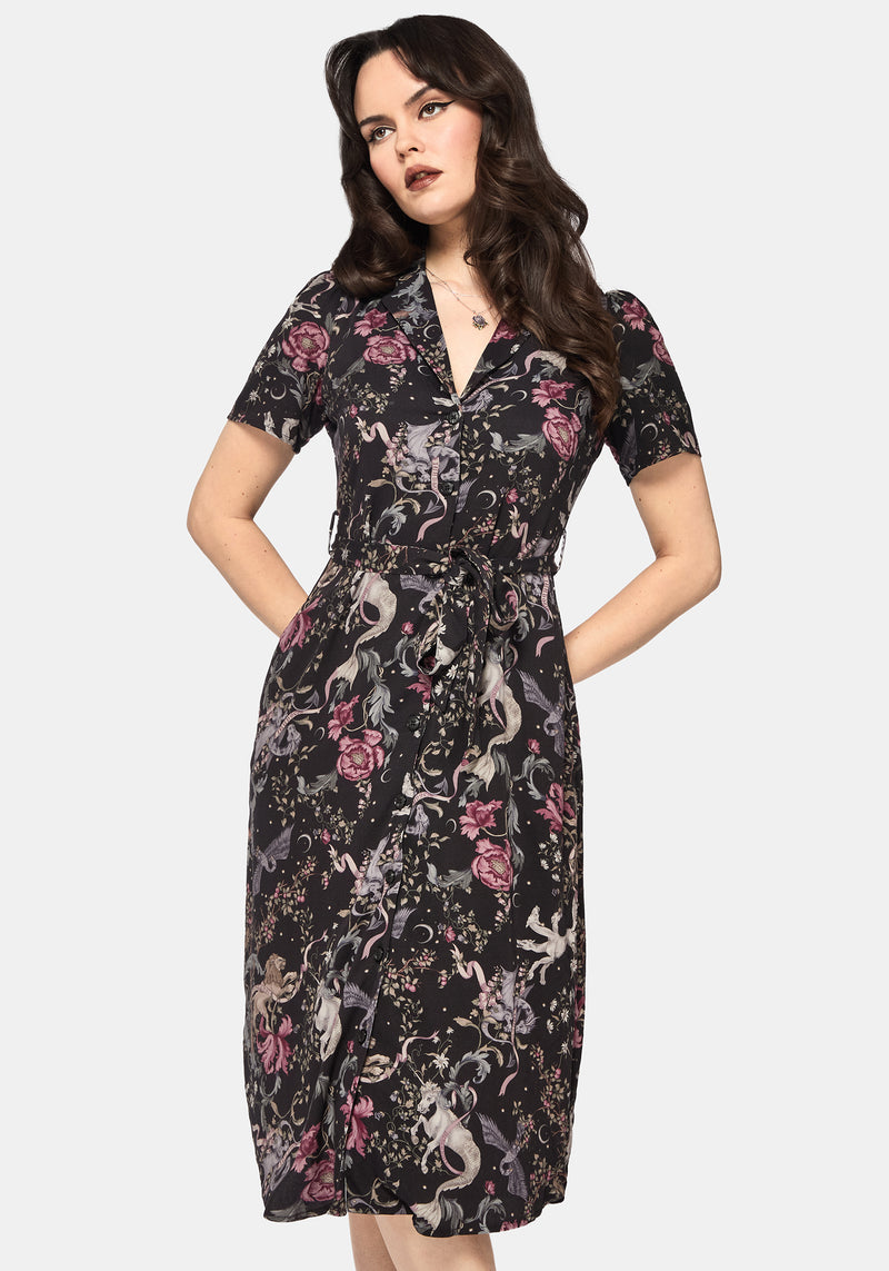 Merunicorn Enchanted Forest Print Midi Shirt Dress