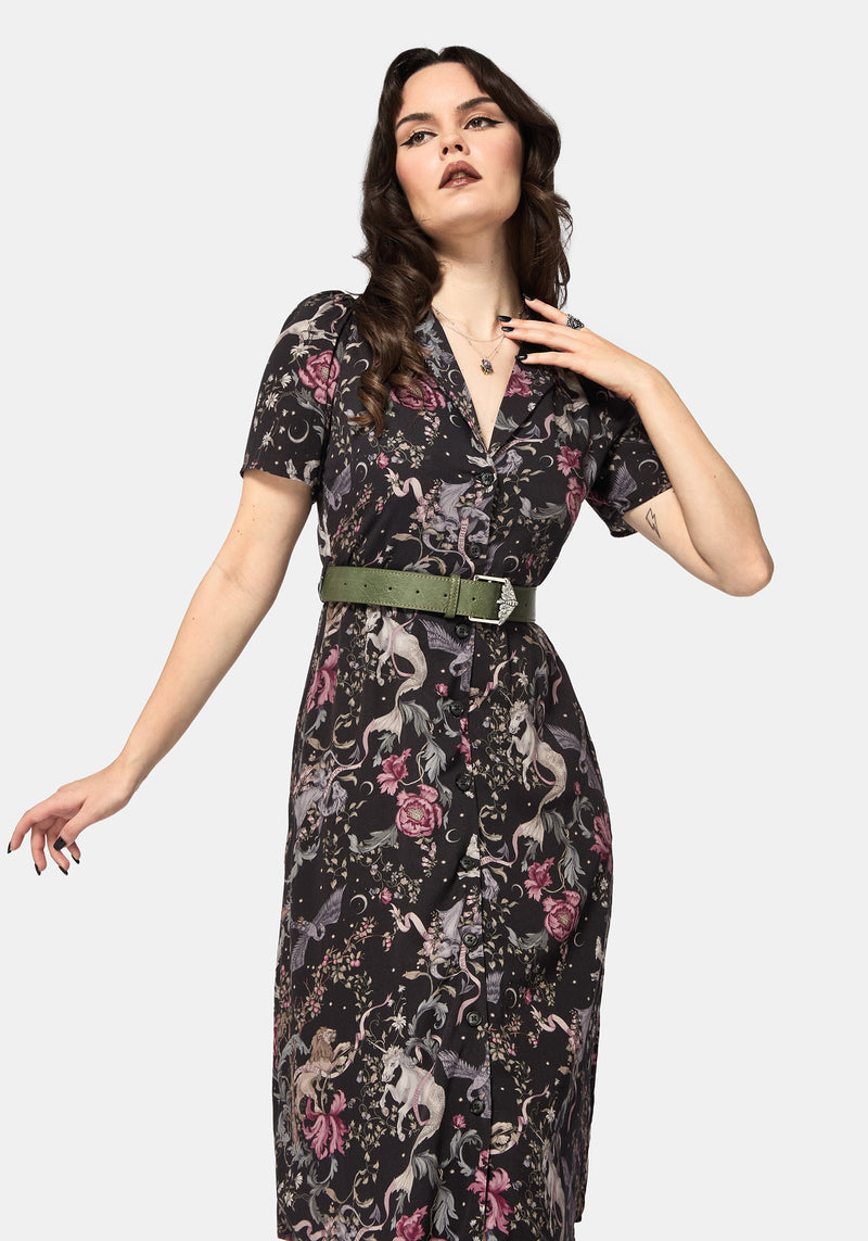 Merunicorn Enchanted Forest Print Midi Shirt Dress
