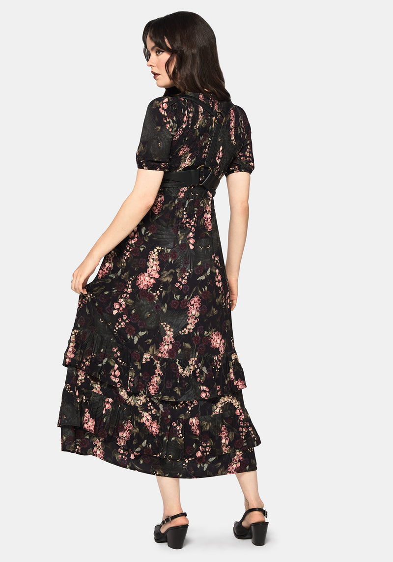 Noctua Midnight Owl Foxglove Printed Tiered Maxi Dress