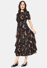 Noctua Midnight Owl Foxglove Printed Tiered Maxi Dress