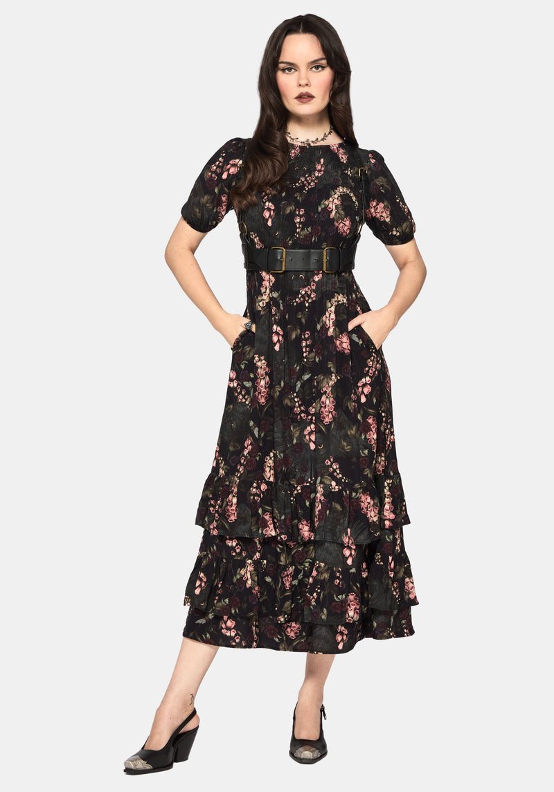 Noctua Midnight Owl Foxglove Printed Tiered Maxi Dress