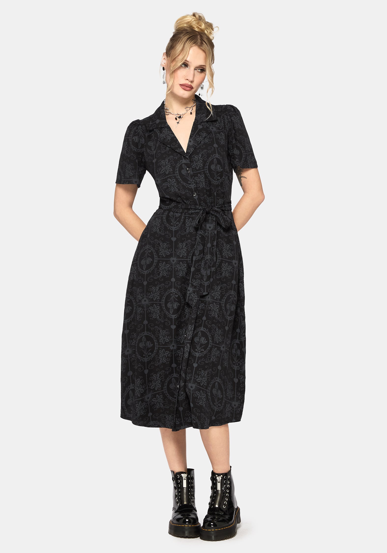 Cameo Floral Printed Tie Belt Midi Shirt Dress