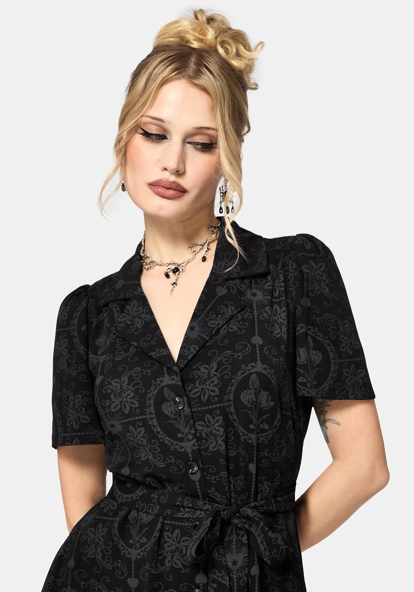 Cameo Floral Printed Tie Belt Midi Shirt Dress