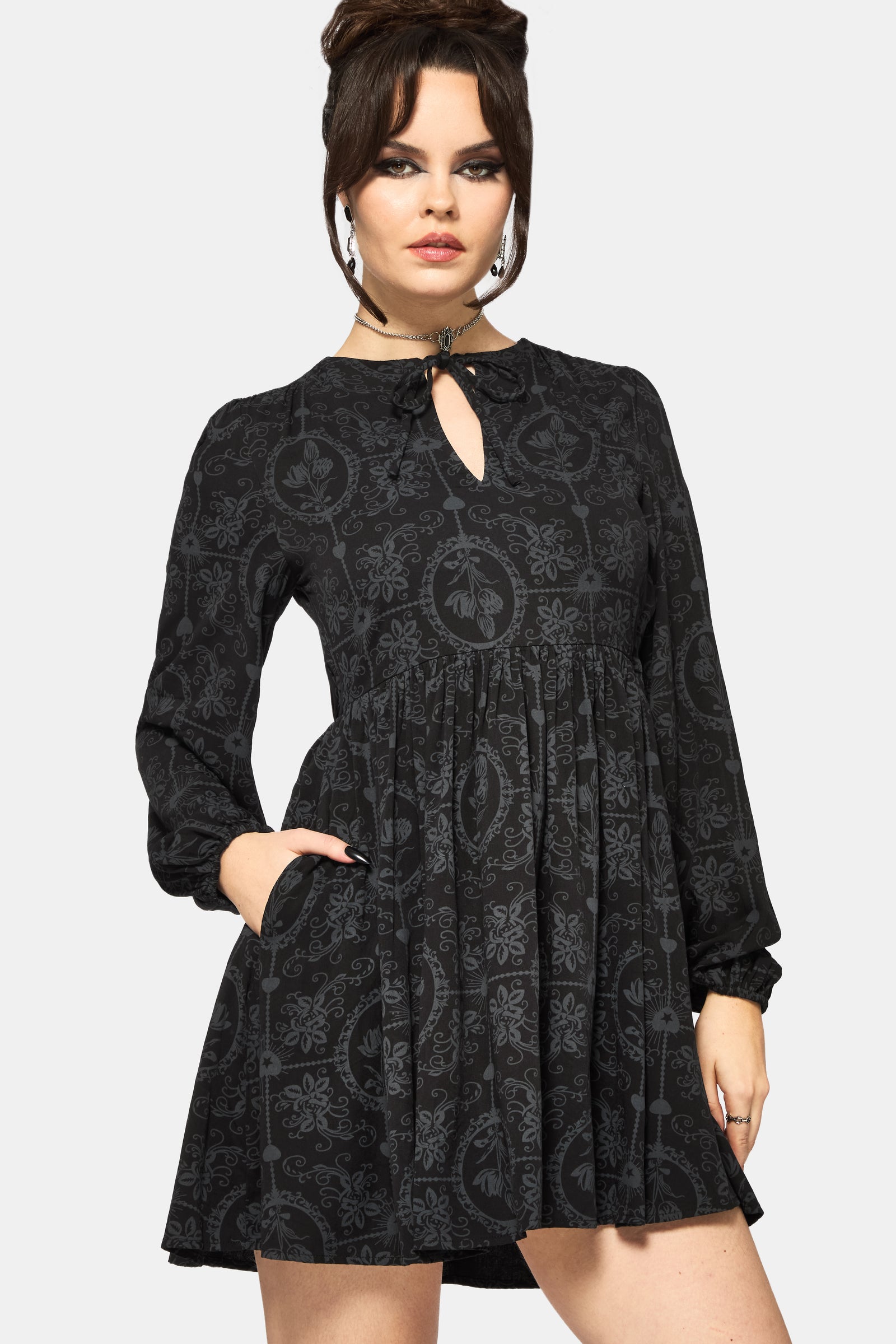 Cameo Floral Printed Tie Front Long Sleeve Mini Dress