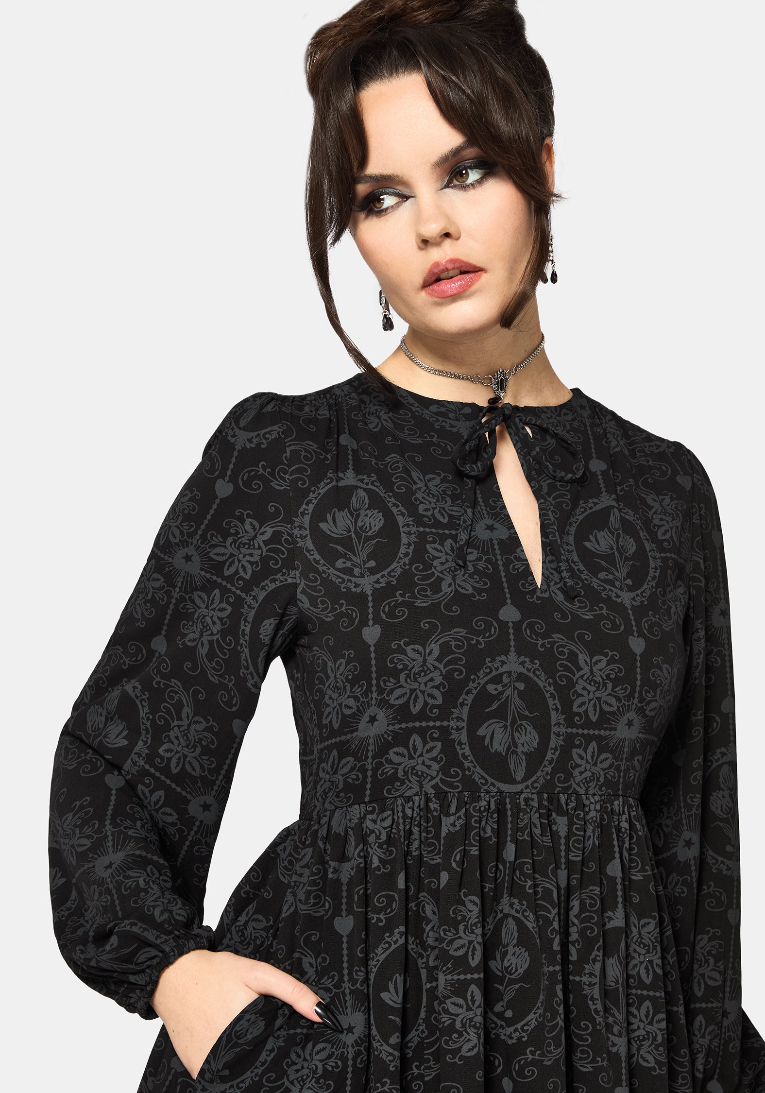 Cameo Floral Printed Tie Front Long Sleeve Mini Dress