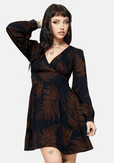 Ruin Fern Printed V-Neck Mini Dress - Brown