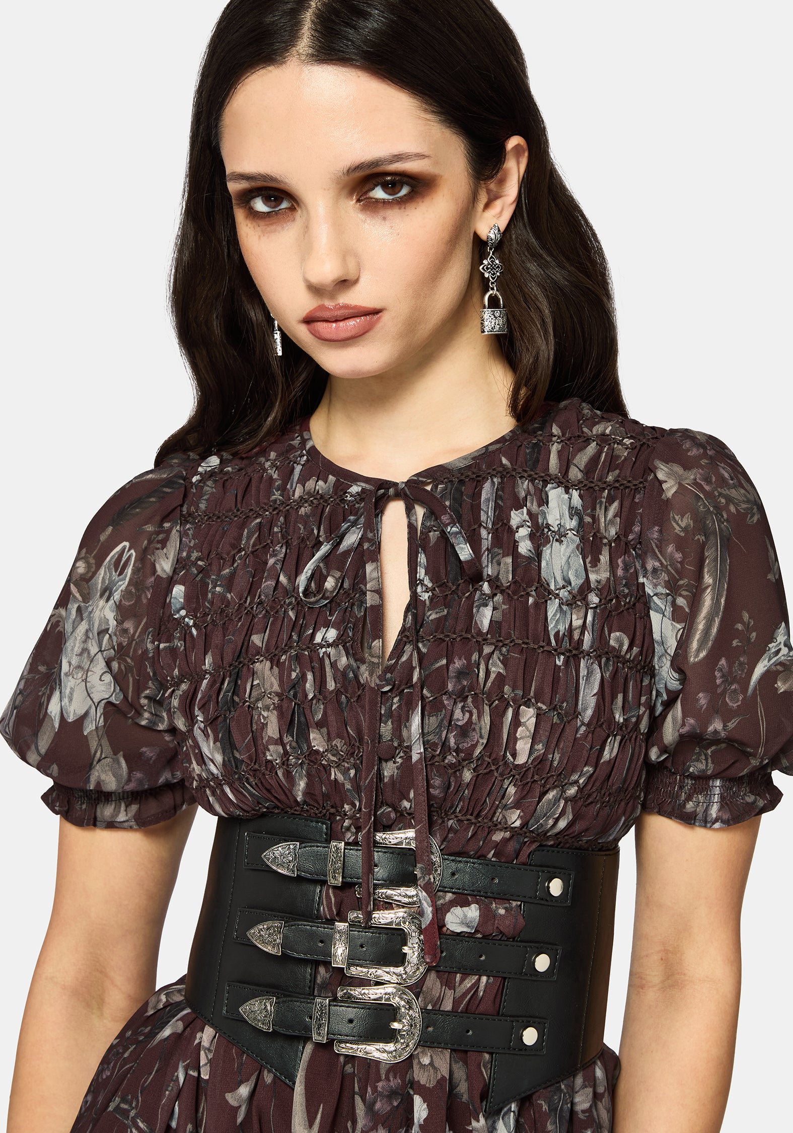 Dusha Garden Print Chiffon Shirred Button Down Midi Dress