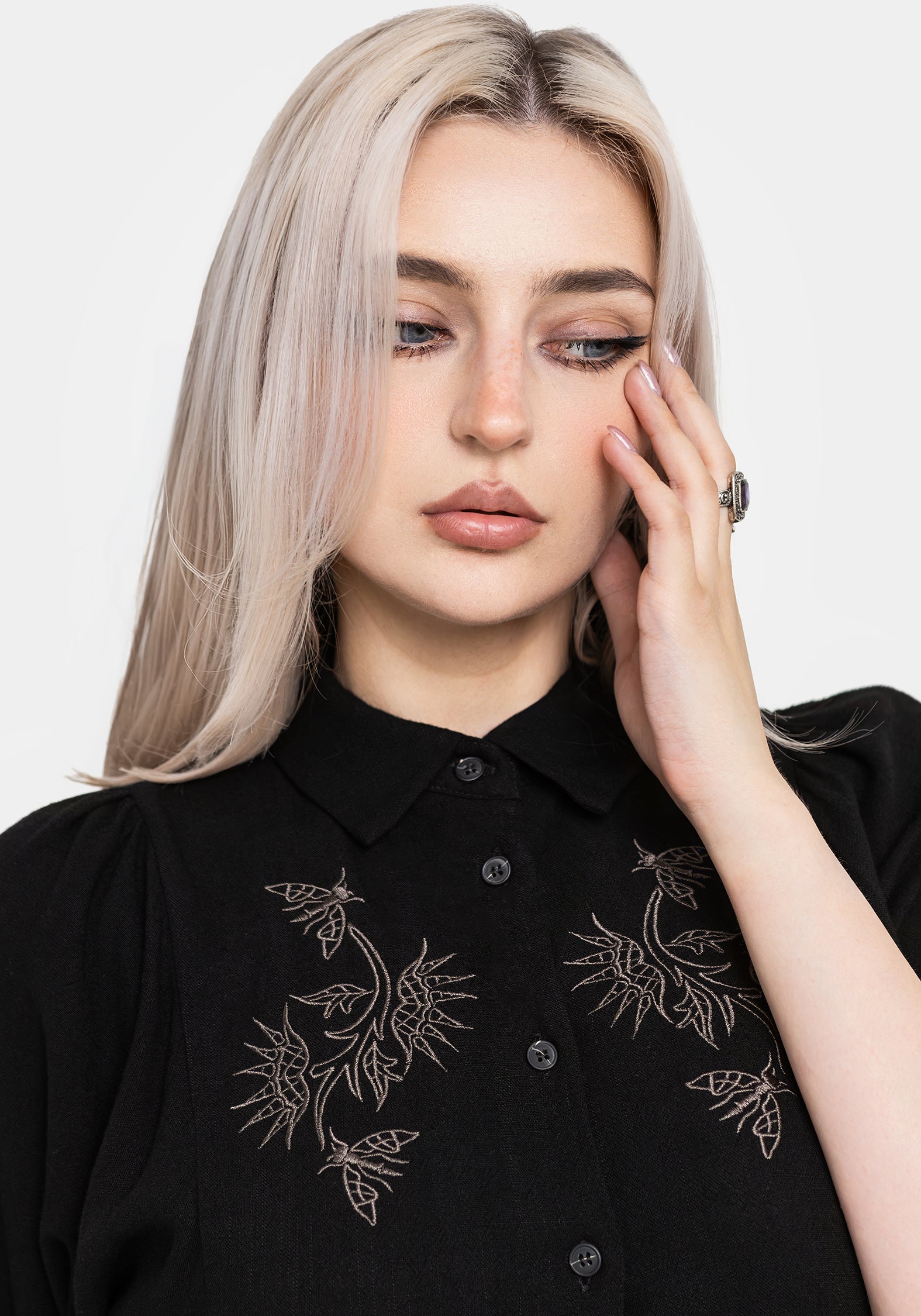 Dionaea Flytrap Embroidered Midi Shirt Dress