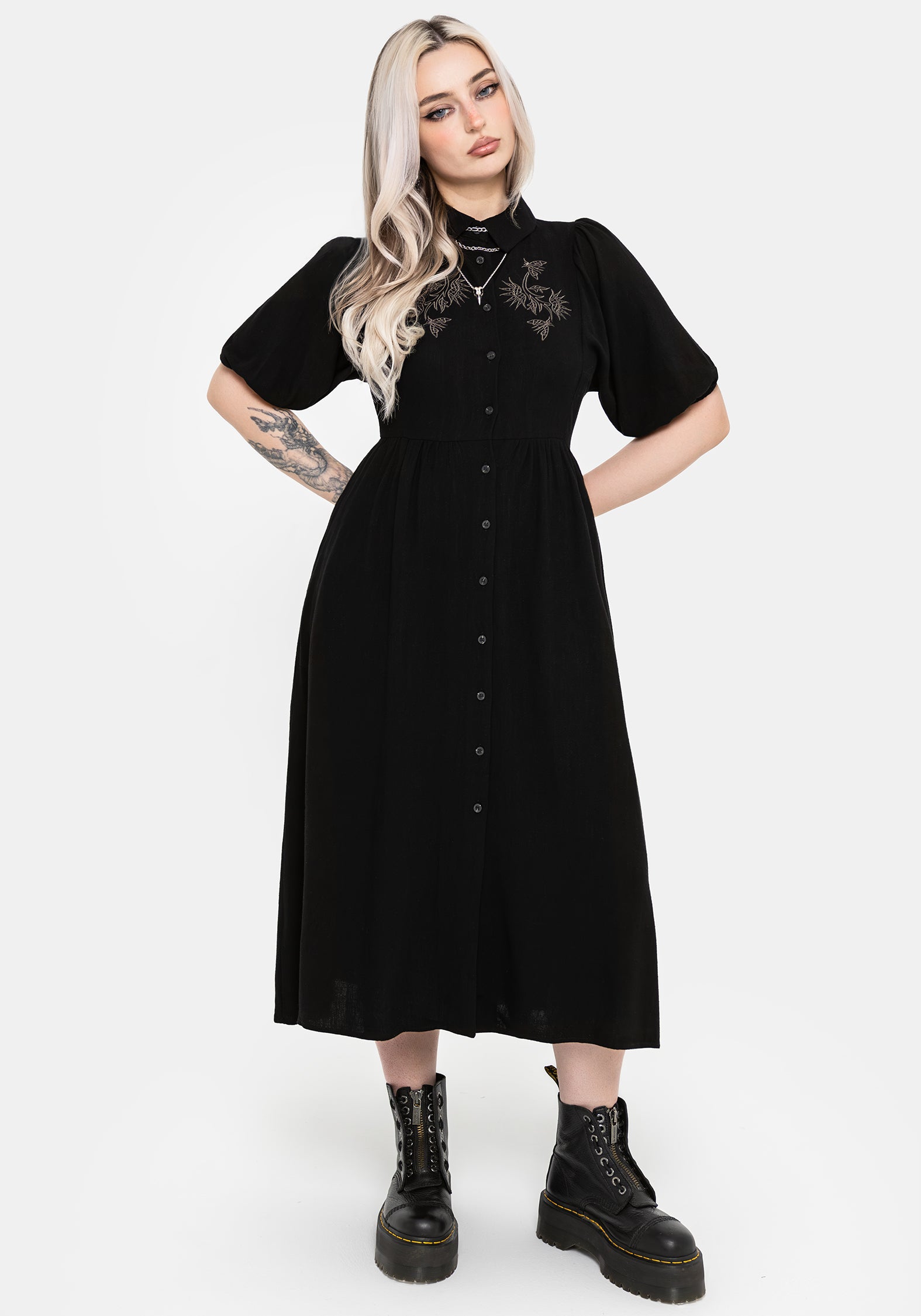 Dionaea Flytrap Embroidered Midi Shirt Dress
