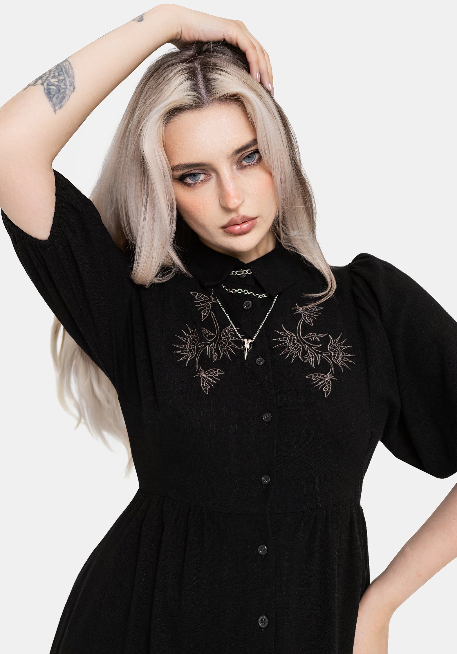 Dionaea Flytrap Embroidered Midi Shirt Dress