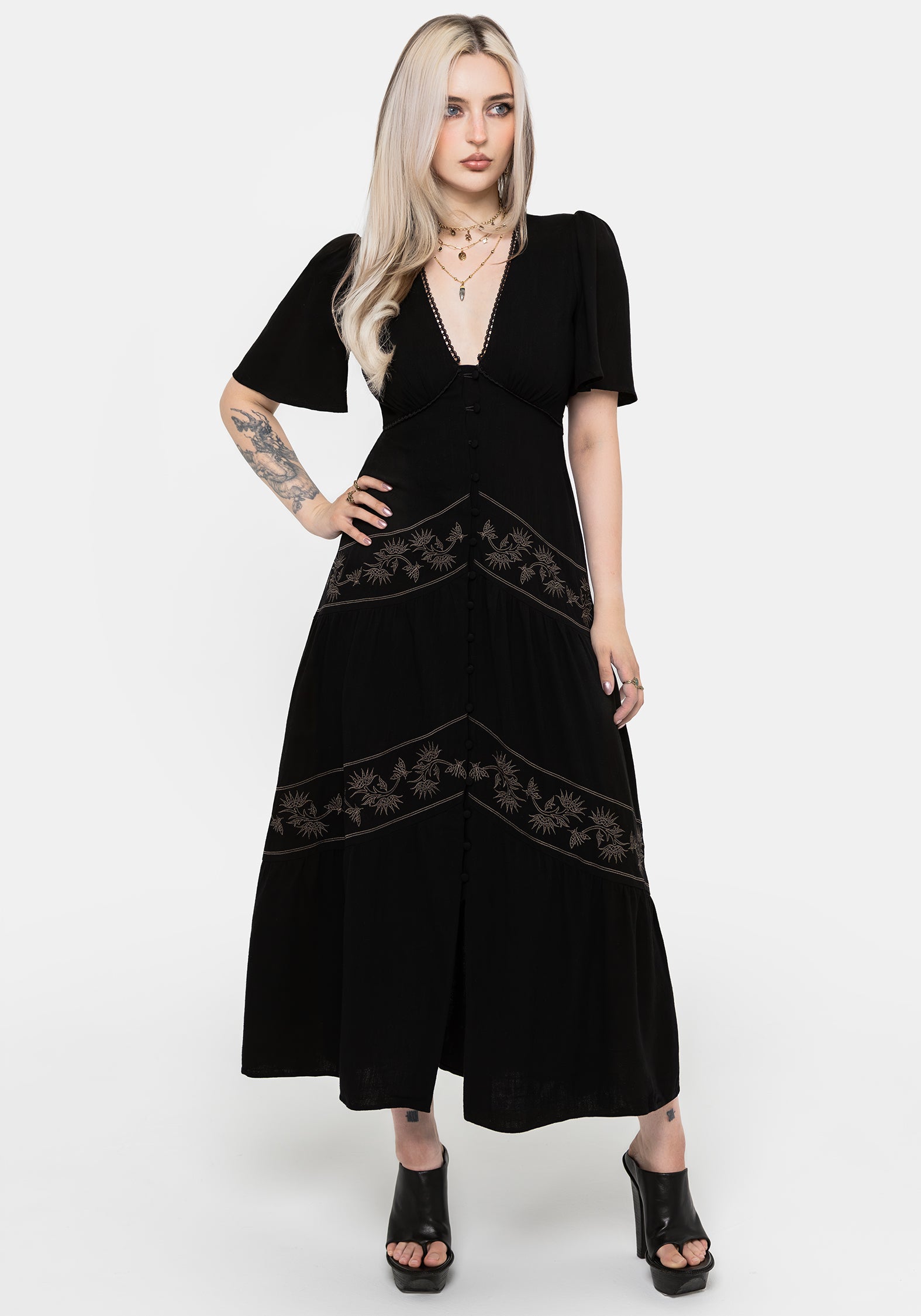 Dionaea Flytrap Embroidered Tiered Midaxi Dress