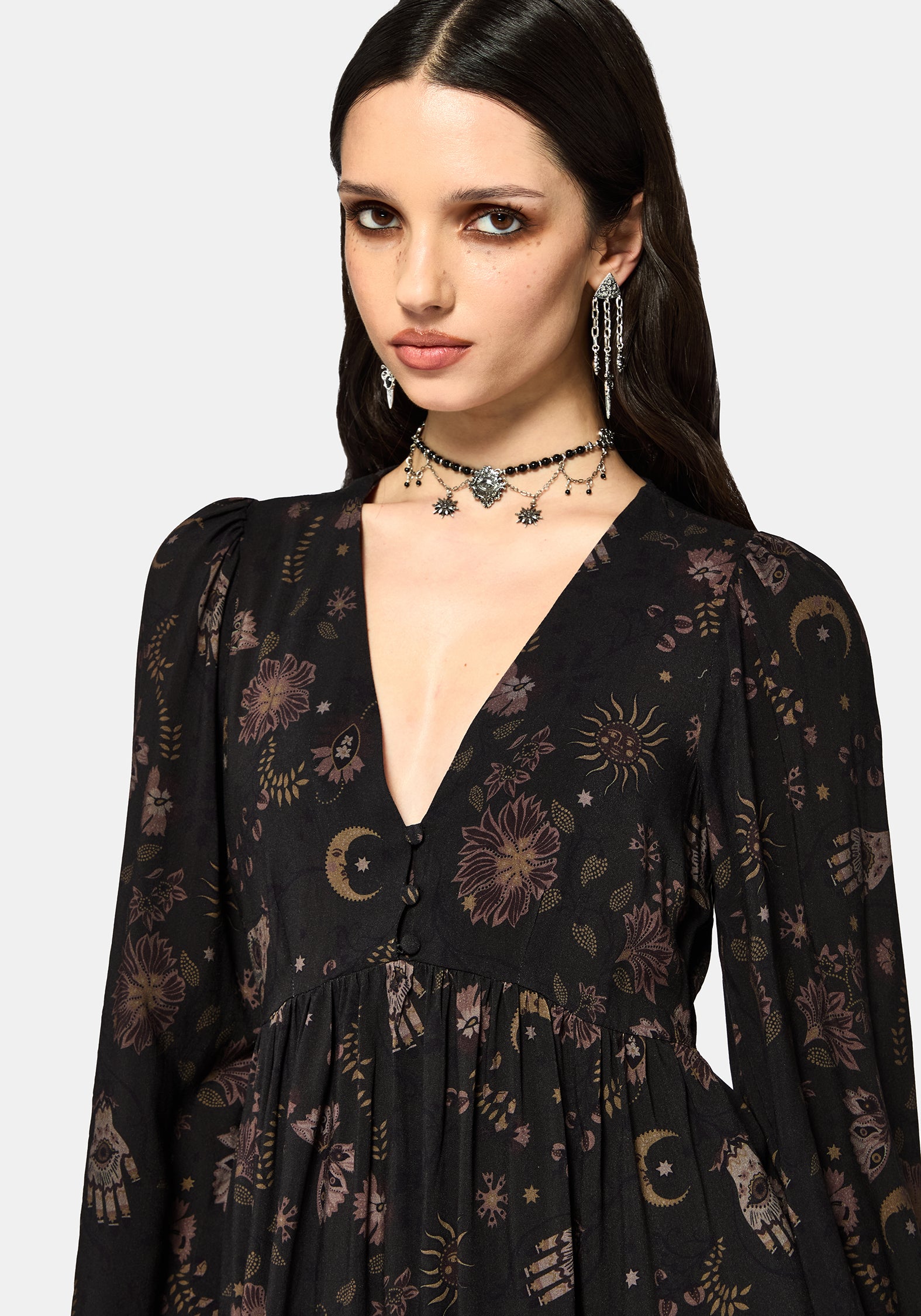 Angela Folk Print Button Down Smock Mini Dress