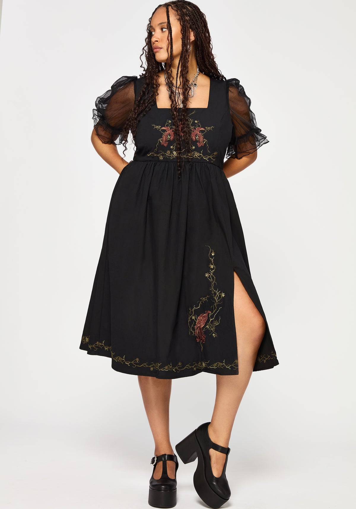 Phoenix Cotton Embroidered Puff Sleeve Midi Dress