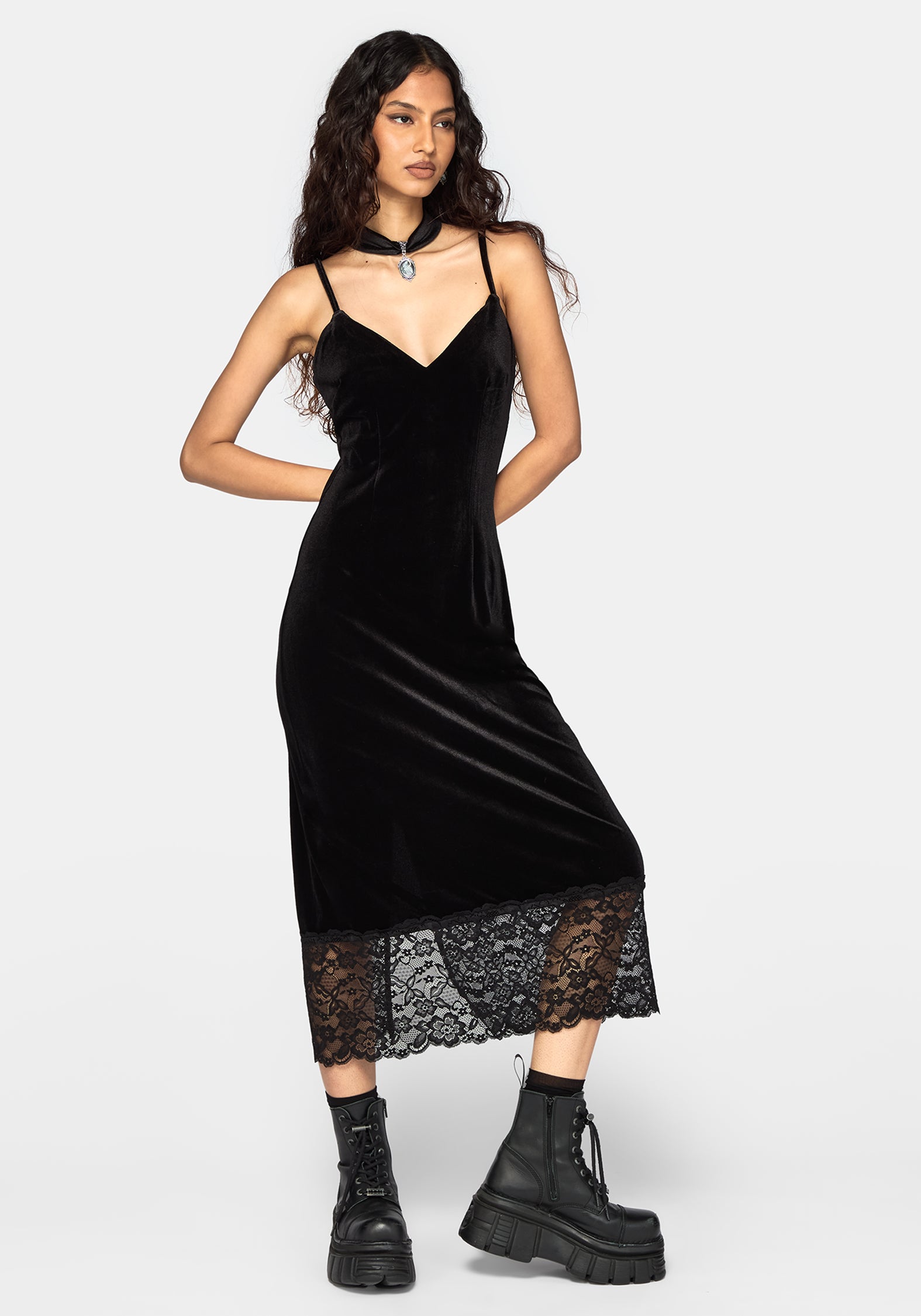 Cathy Velour Lace Hem Cami Midaxi Dress