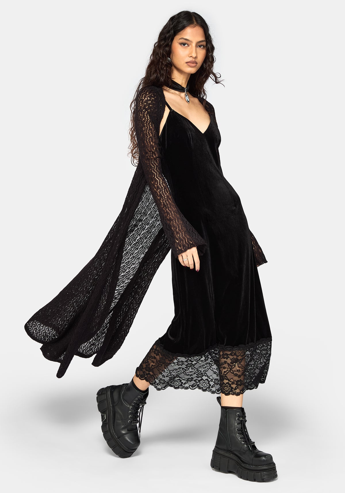 Cathy Velour Lace Hem Cami Midaxi Dress