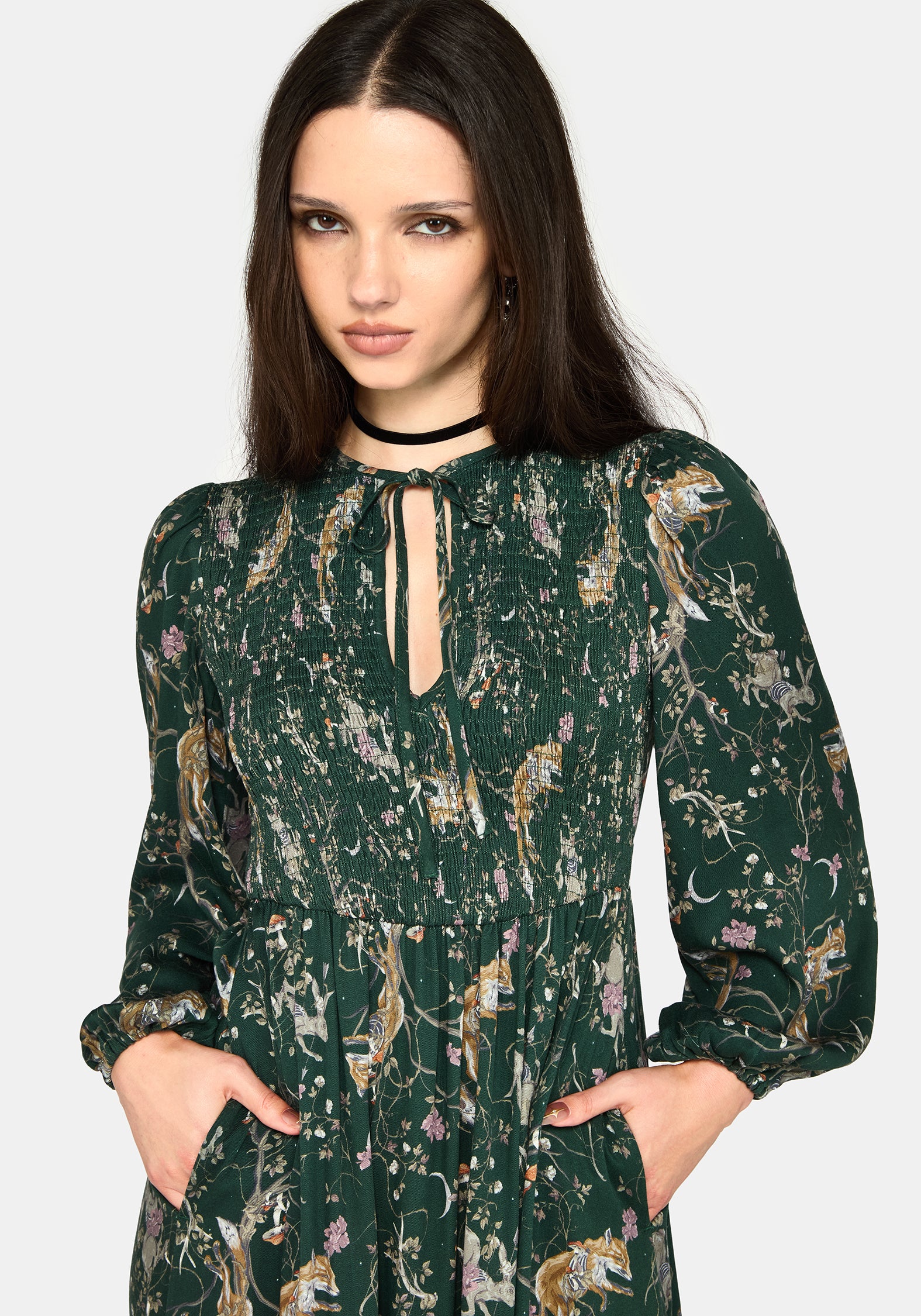 Renard Print Smocked Keyhole Midi Dress