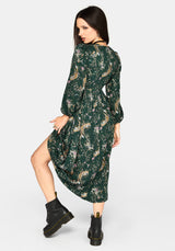 Renard Print Smocked Keyhole Midi Dress