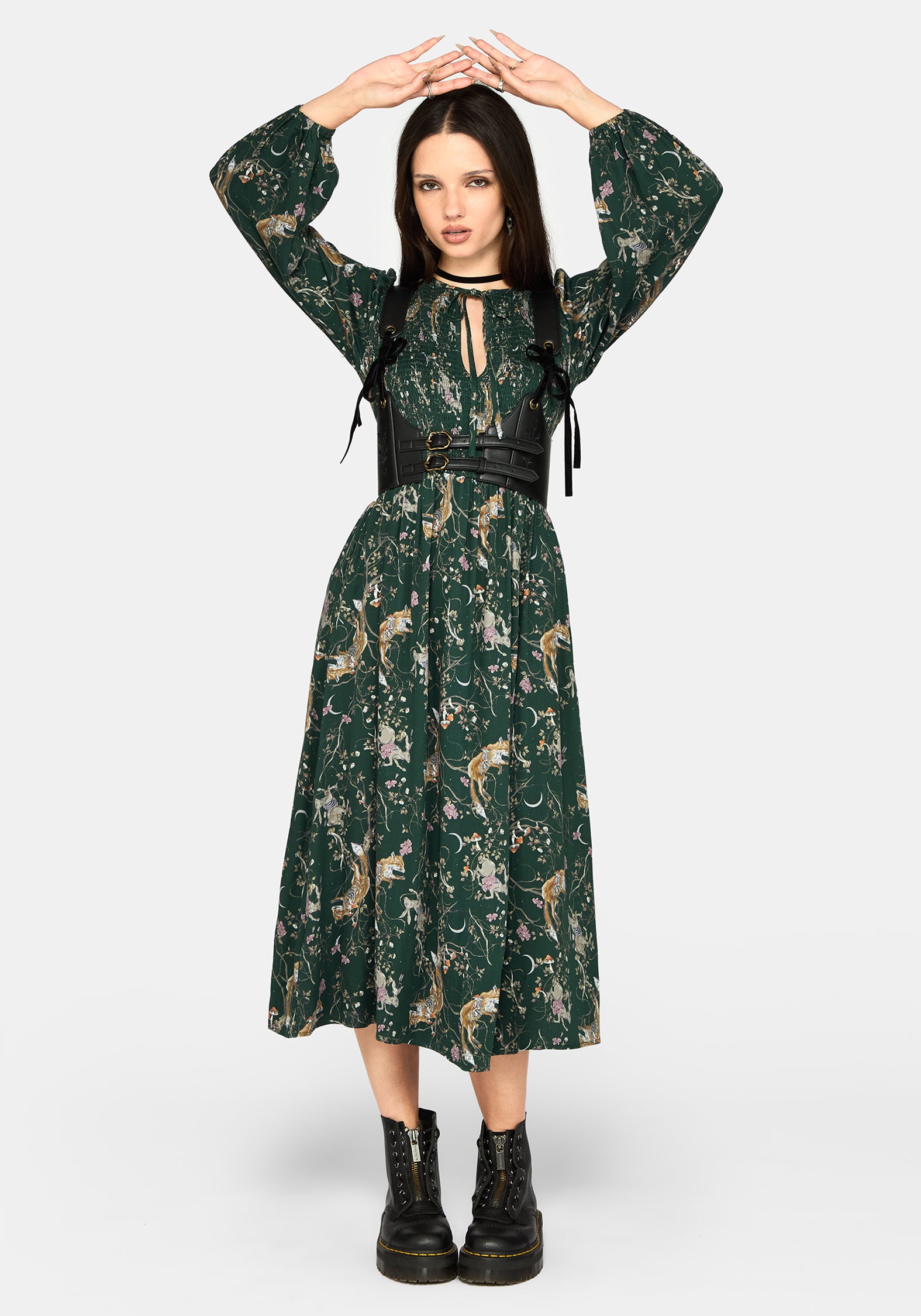 Renard Print Smocked Keyhole Midi Dress