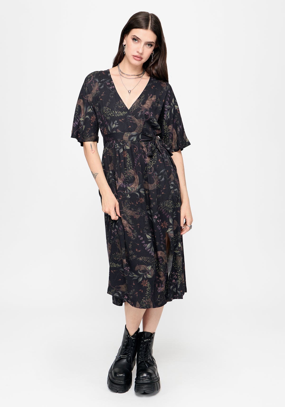 Curio Print Wrap Front Midi Dress