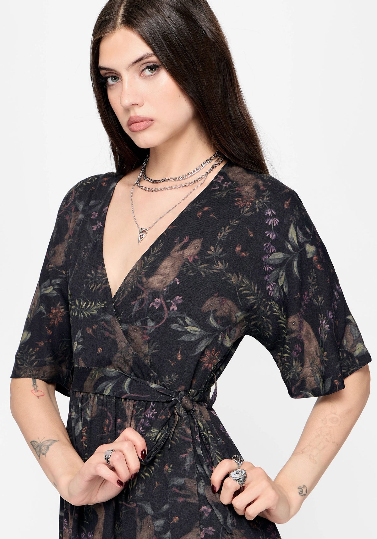 Curio Print Wrap Front Midi Dress
