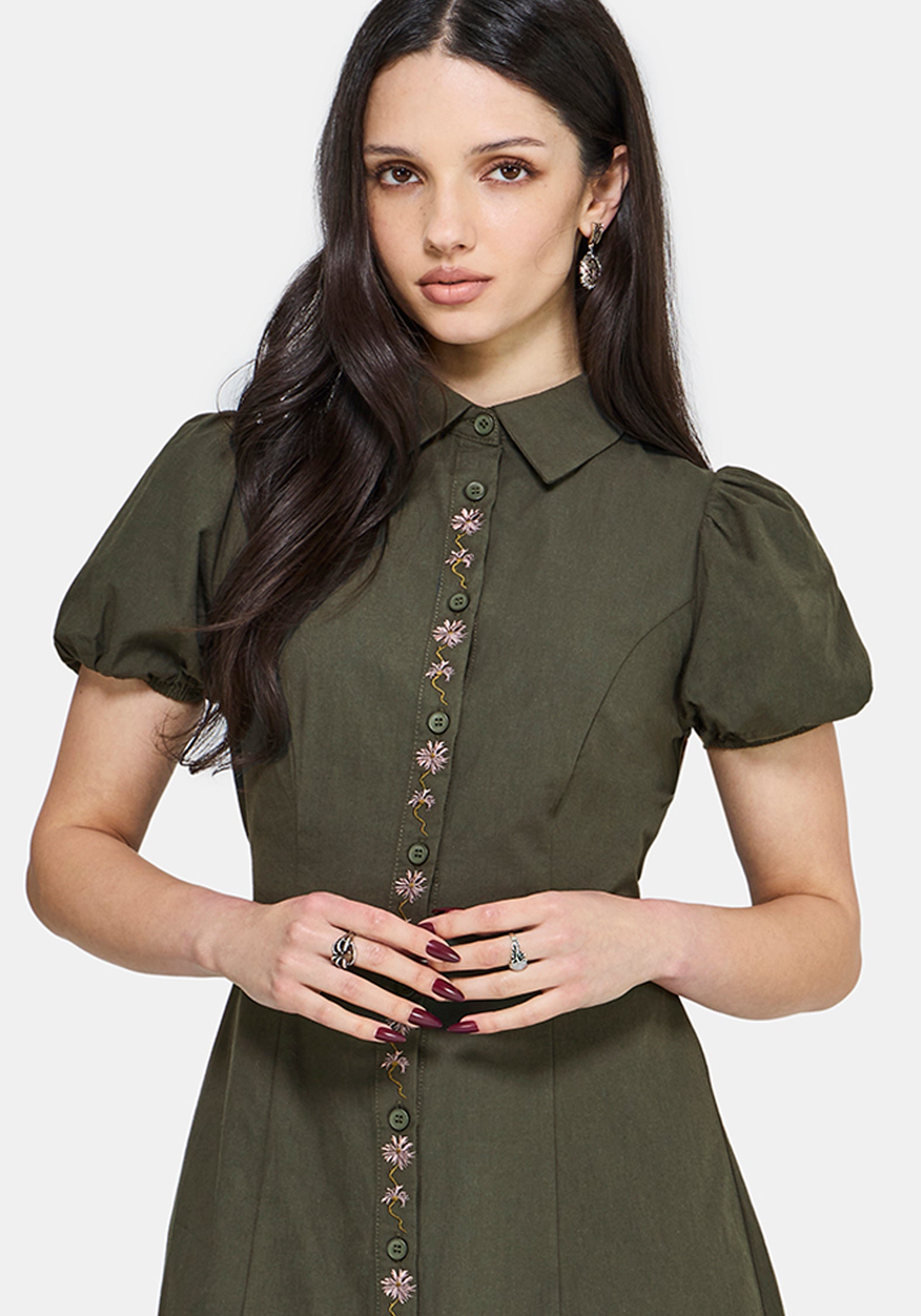 Odile Embroidered Button Down Tie Waist Midaxi Dress