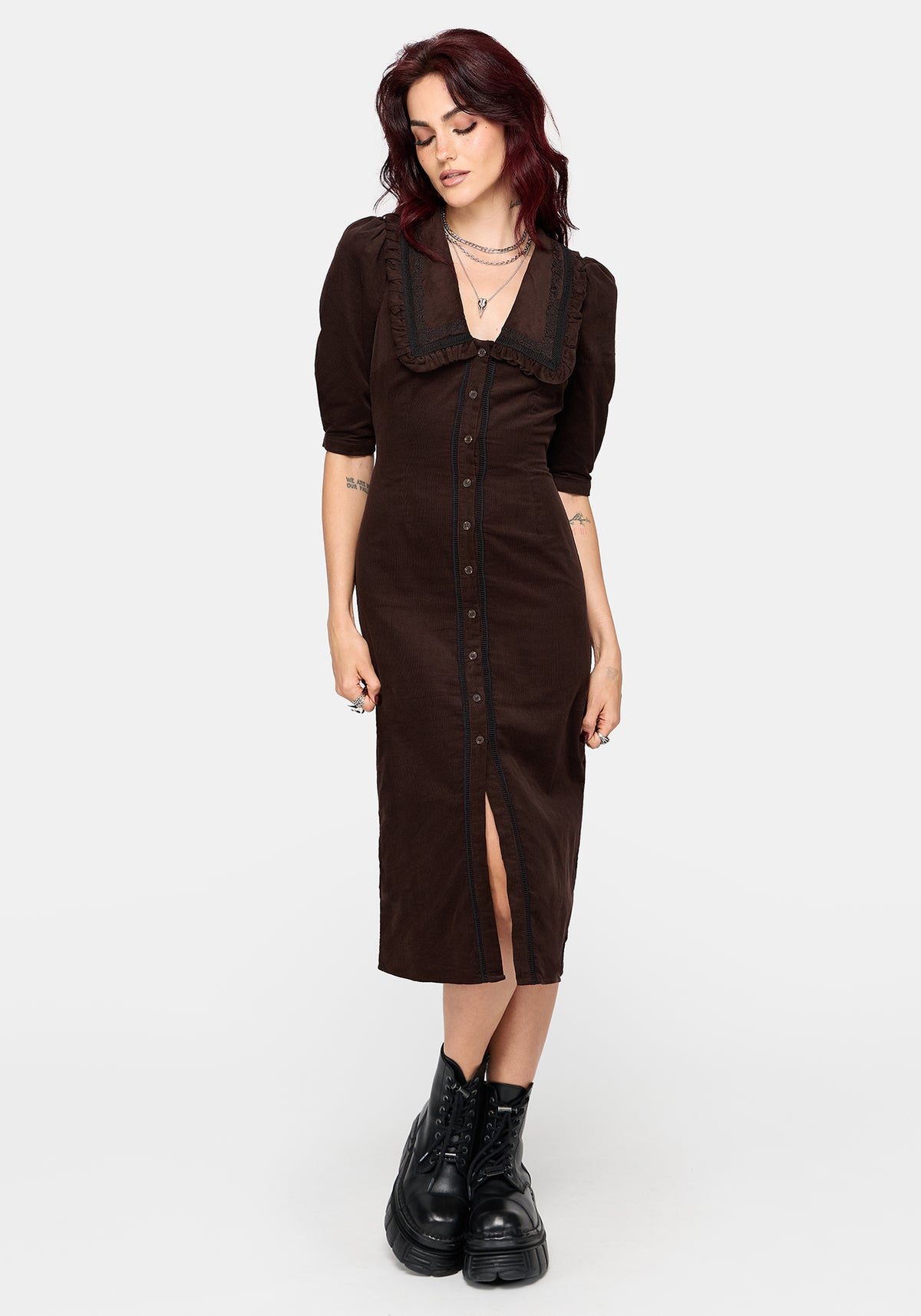 Kora Emboridered Collar Button Up Midi Dress