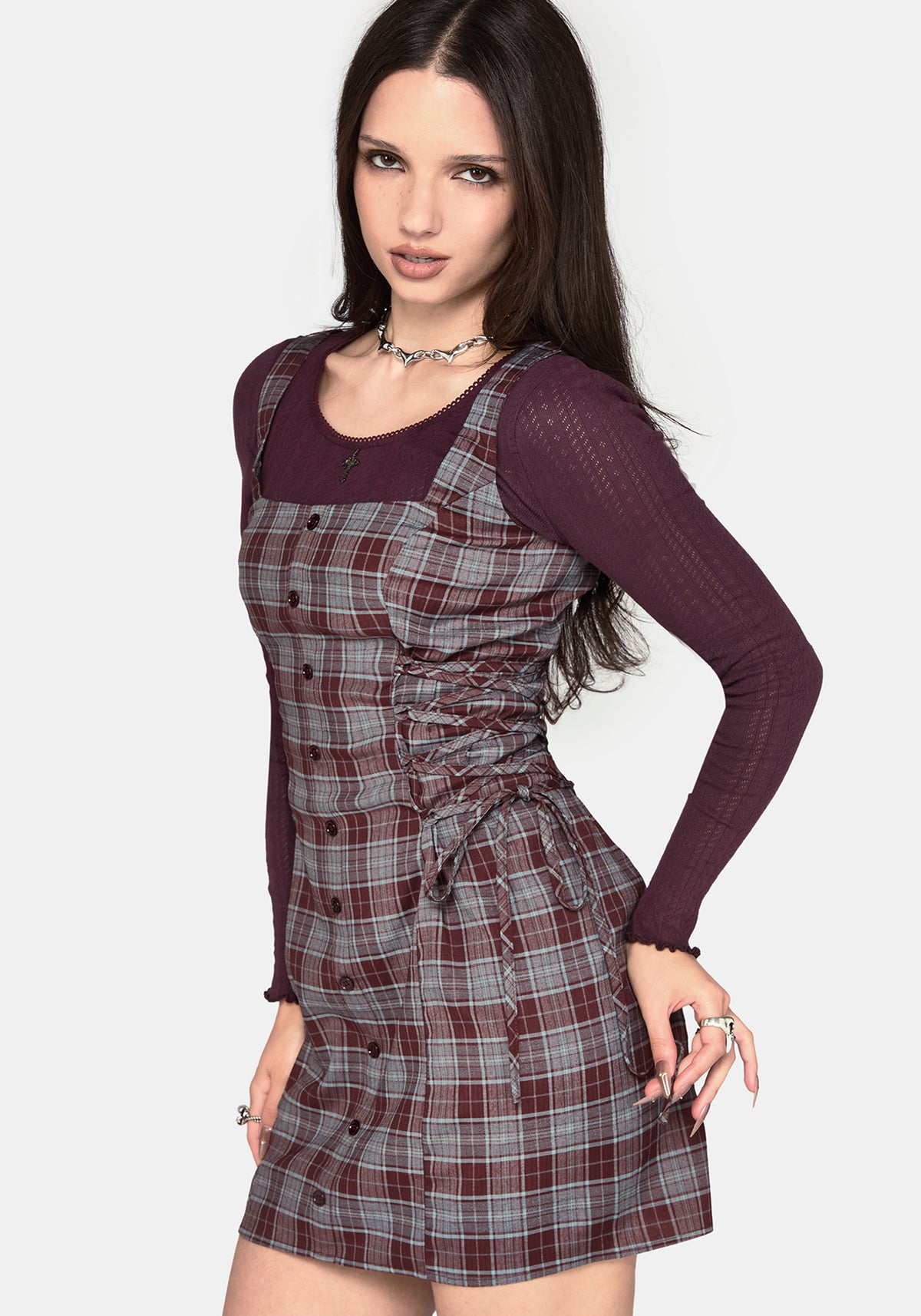 Aimil Check Lace Up Side Mini Dress