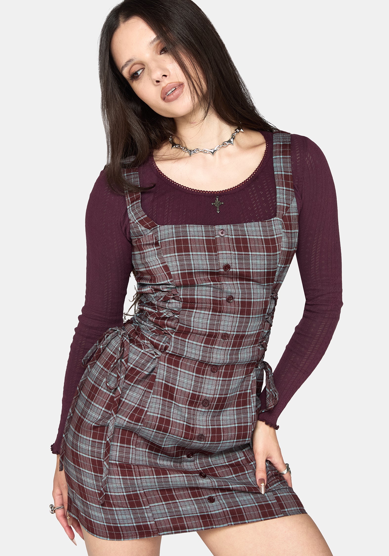 Aimil Check Lace Up Side Mini Dress
