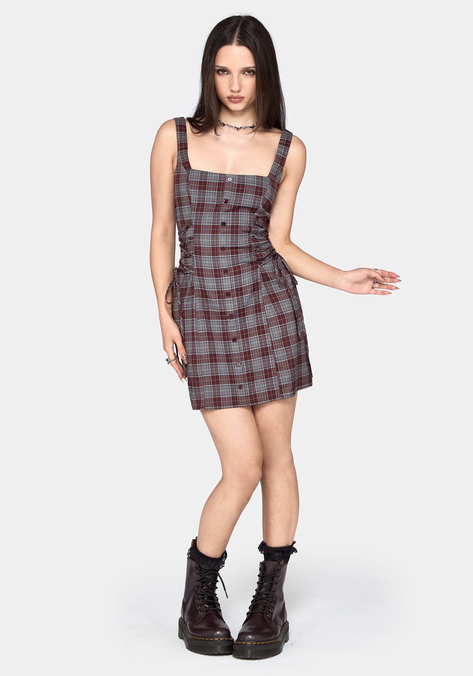 Aimil Check Lace Up Side Mini Dress