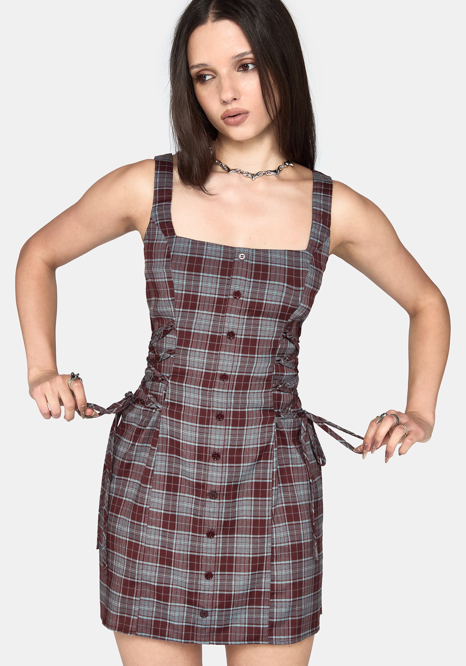 Aimil Check Lace Up Side Mini Dress