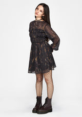 Ember Moth Print Chiffon Shirred Mini Dress