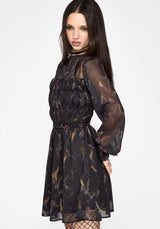 Ember Moth Print Chiffon Shirred Mini Dress