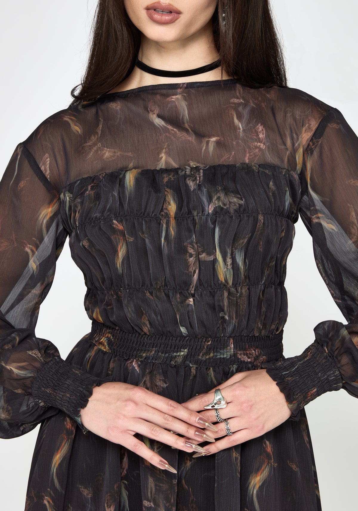 Ember Moth Print Chiffon Shirred Mini Dress