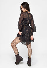 Ember Moth Print Chiffon Shirred Mini Dress