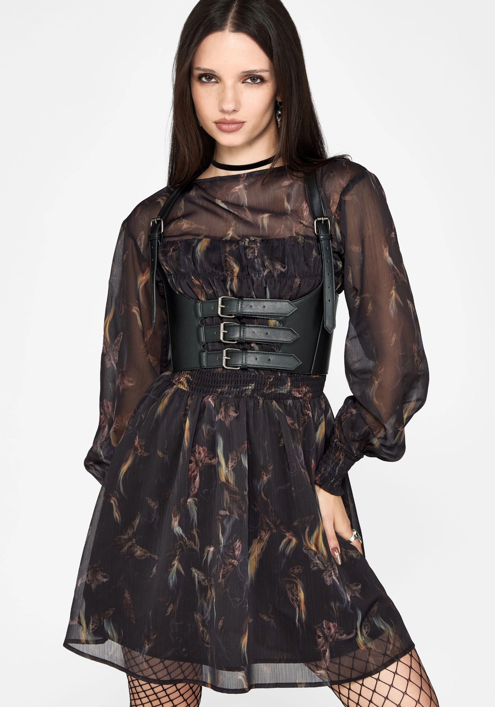 Ember Moth Print Chiffon Shirred Mini Dress
