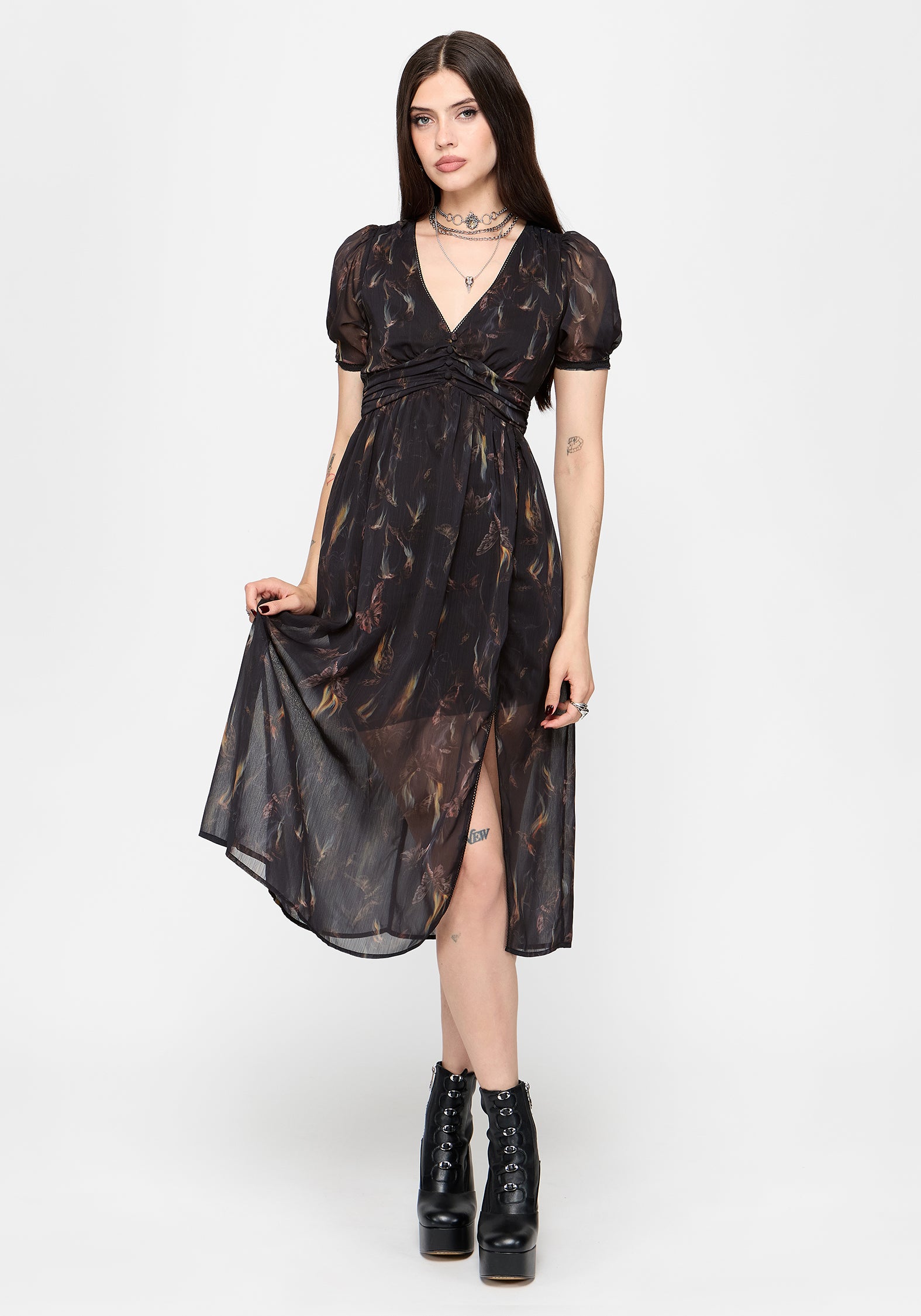 Ember Moth Print Chiffon Midi Dress