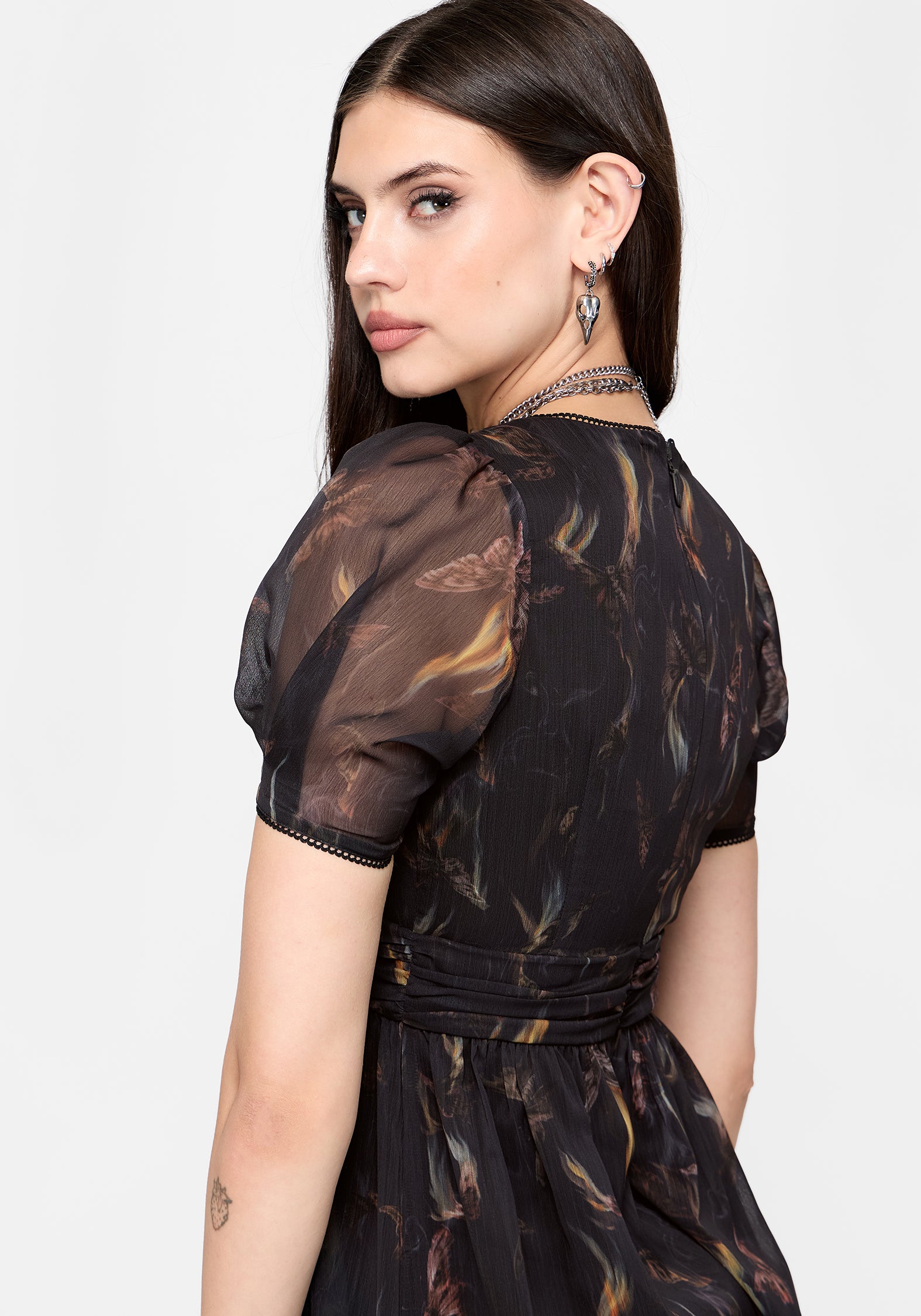 Ember Moth Print Chiffon Midi Dress