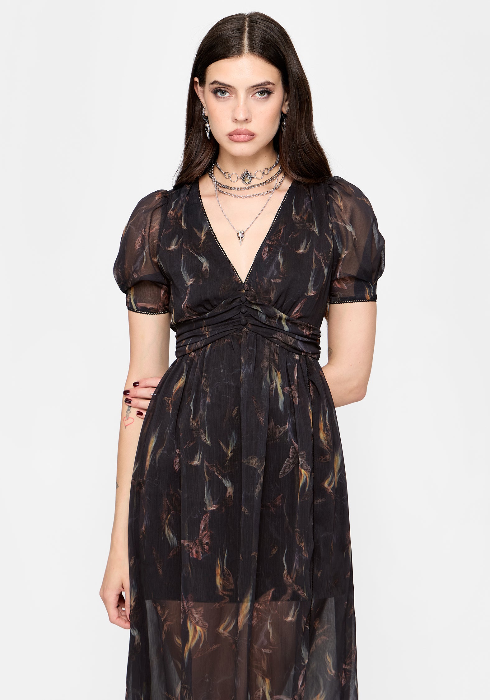 Ember Moth Print Chiffon Midi Dress
