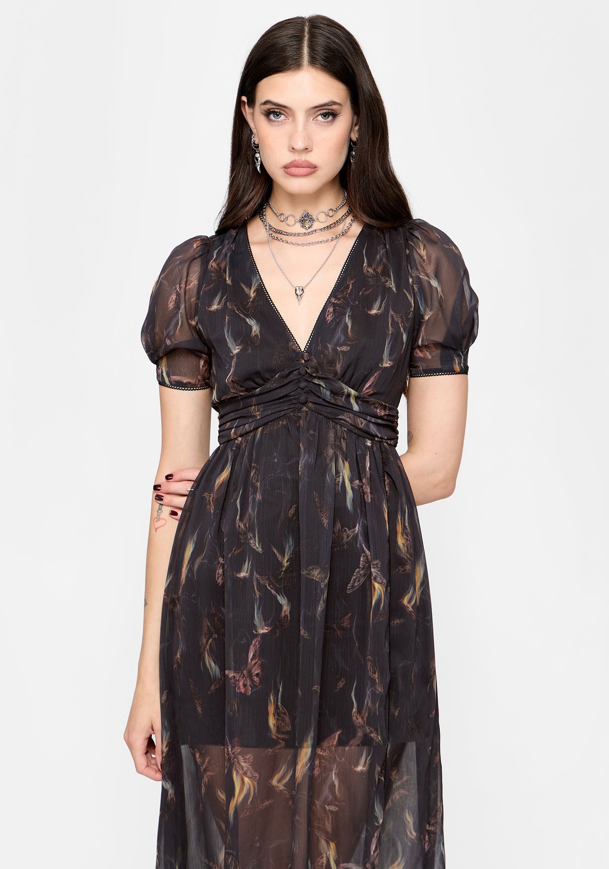 Ember Moth Print Chiffon Midi Dress