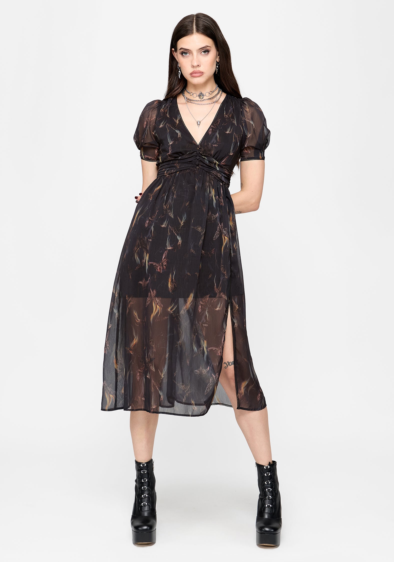 Ember Moth Print Chiffon Midi Dress