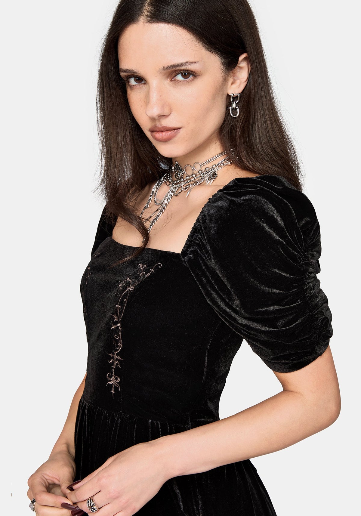 Rasque Embroidered Ruched Sleeve Velour Mini Dress