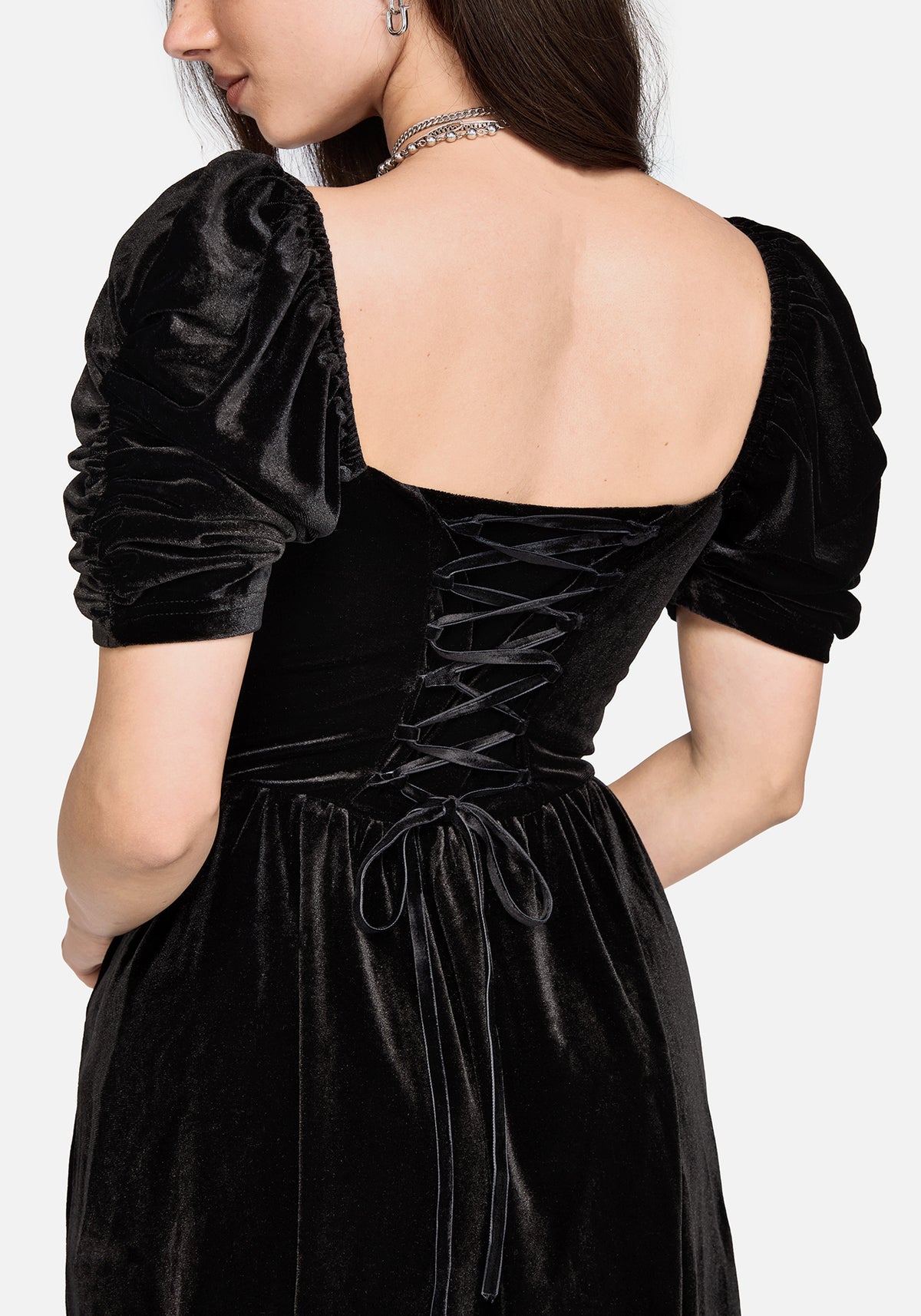 Rasque Embroidered Ruched Sleeve Velour Mini Dress