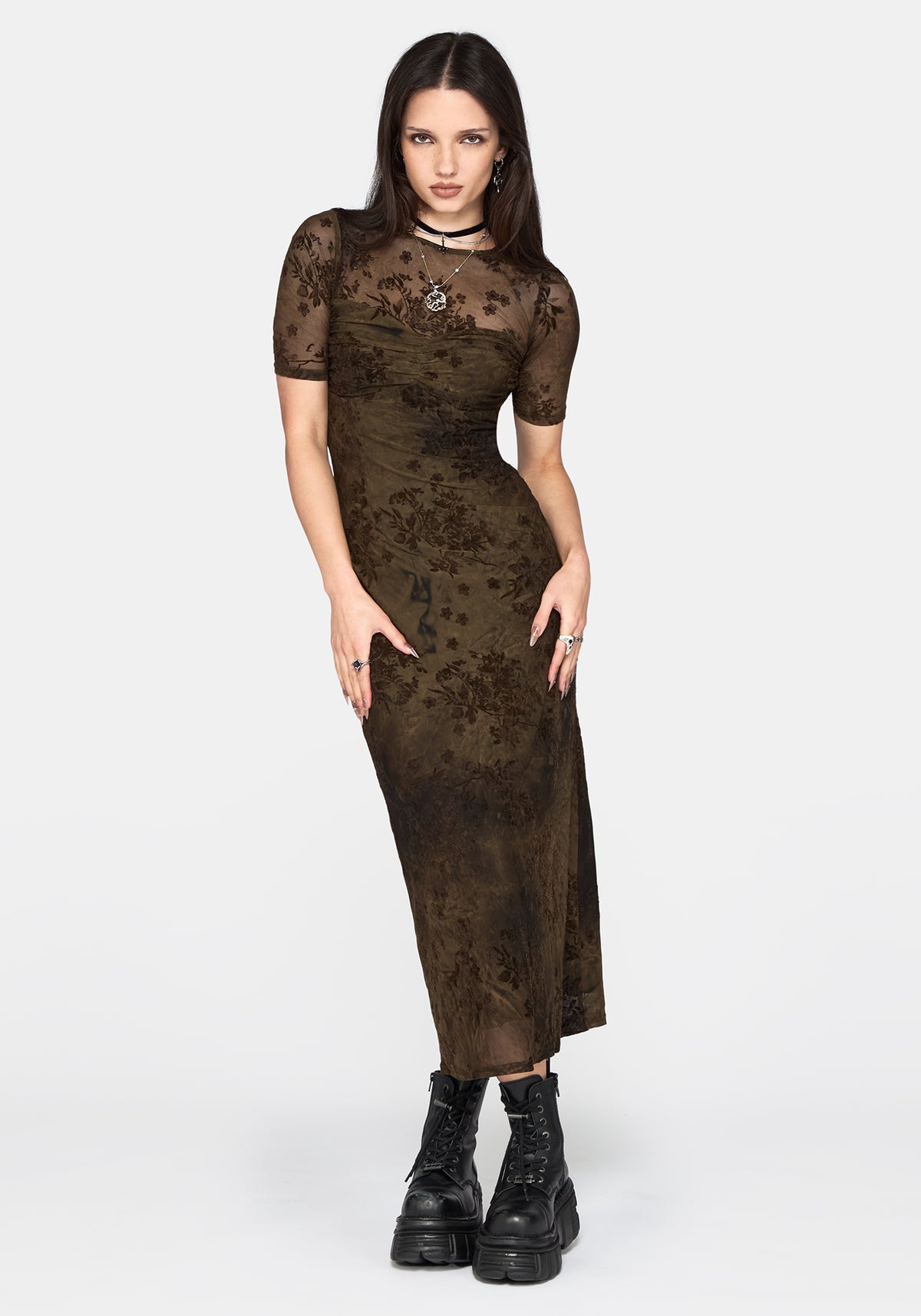 Zuri Flocked Ruched Bust Midaxi Dress