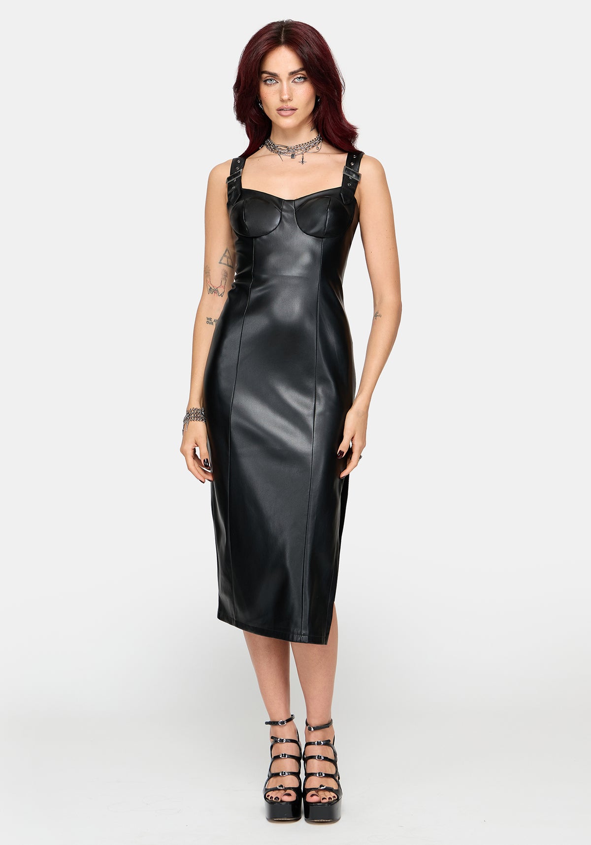 Alexis PU Buckle Strap Bodycon Midi Dress